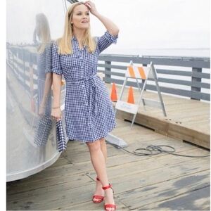 Draper James Blue and White Gingham Long Sleeve Shirt Dress